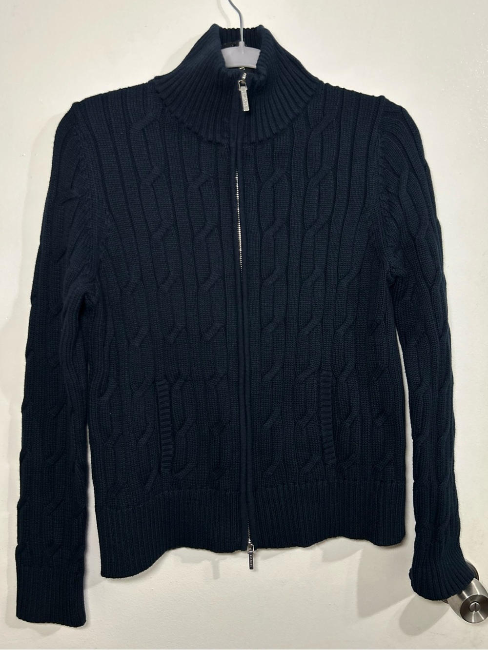 Talbots Navy Cable Knit Double Zip-Up 100% Pima  Cotton Sweater Jacket NWT